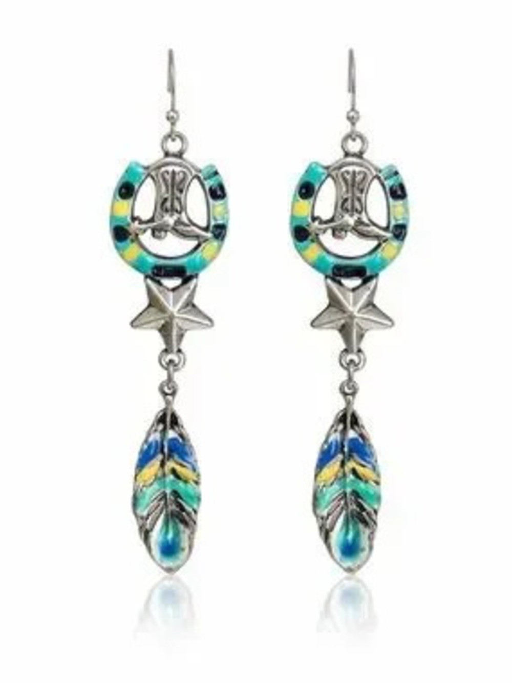 Western SilverTurquoise Feather Drop Earrings